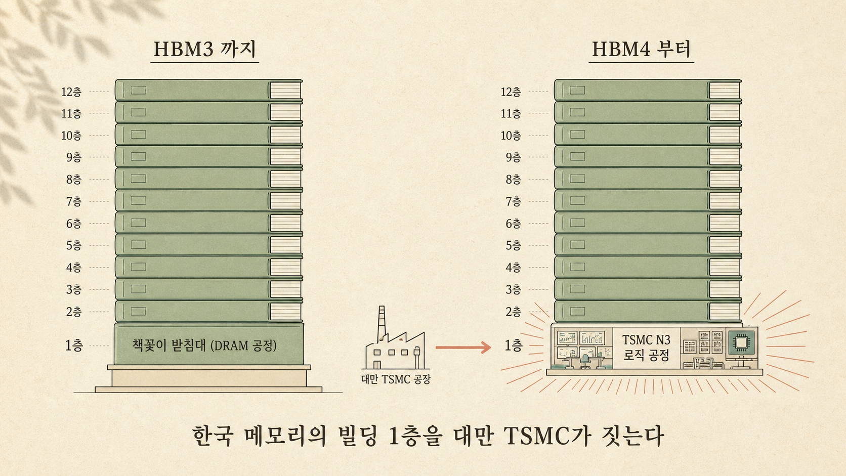 HBM3 책꽂이 받침대(DRAM 공정) vs HBM4 빌딩 신호 관제실(TSMC N3 로직 공정) — 한국 메모리의 빌딩 1층을 대만 TSMC가 짓는다