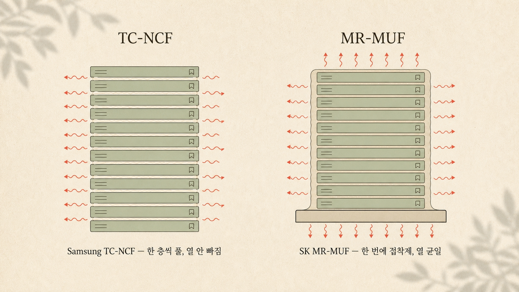 Samsung TC-NCF 한 층씩 접착 필름 vs SK MR-MUF 한 번에 액체 접착제