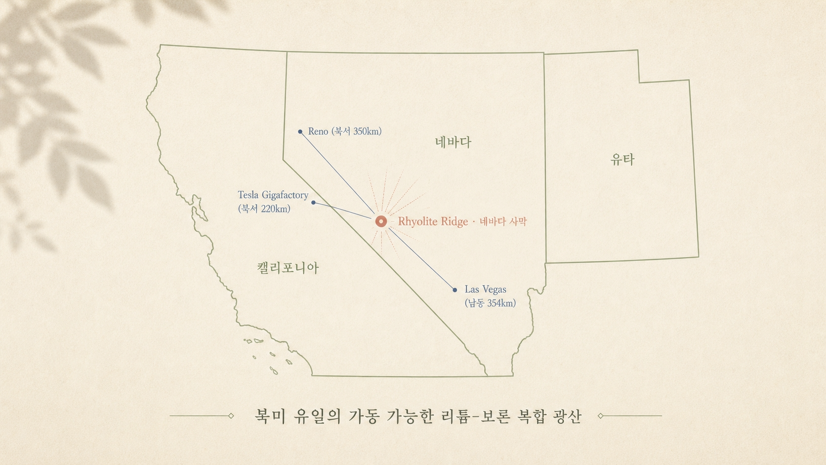 Rhyolite Ridge 위치 — 네바다 사막 · Reno 350km · Tesla Gigafactory 220km · Las Vegas 354km